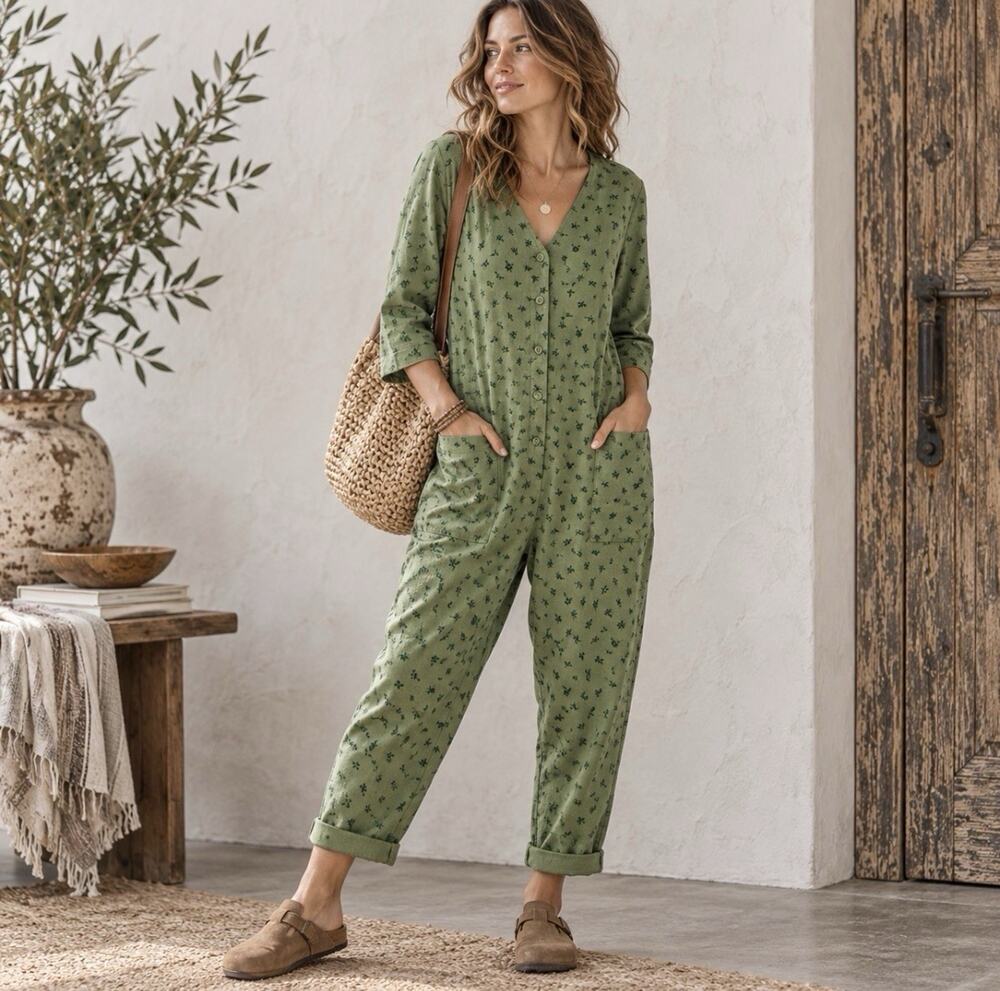 The Nines by HATCH XXL Green Floral Cotton Maternity/Reg Utility Jumpsuit Boho